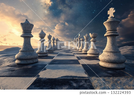 Landscape Featuring Giant Chess Pieces Under Cosmic Sky 132224393