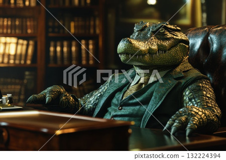 Humanoid Crocodile in Dark Green Suit Seated in Luxurious Office with Bookshelves 132224394