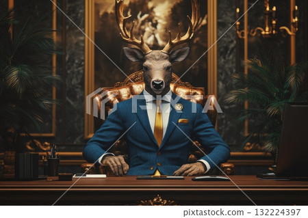Majestic humanoid stag with prominent antlers seated at an opulent office desk Majestic humanoid stag with prominent antlers seated at an opulent office desk 132224397