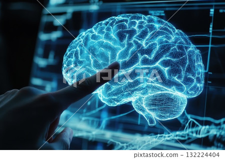 Futuristic Digital Interface Showing Human Brain with Hand Interaction in Scientific Laboratory Futuristic Digital Interface Showing Human Brain with Hand Interaction in Scientific Laboratory 132224404