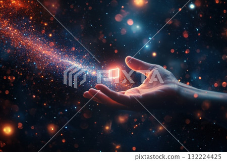 Cosmic Connection: Hand Reaches Out to Floating Lightbox in Starry Universe with Colorful Glow Cosmic Connection: Hand Reaches Out to Floating Lightbox in Starry Universe with Colorful Glow 132224425