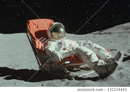 Astronaut Relaxing in a Chair on the Moon Surrounded by Stars and Dark Space Background 132224442