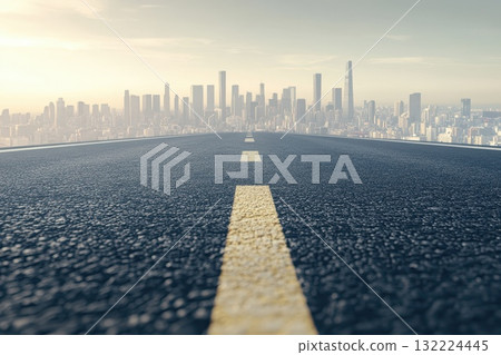 Stretching Road Leads to Modern City Skyline with Skyscrapers and Urban Landscape at Dusk 132224445