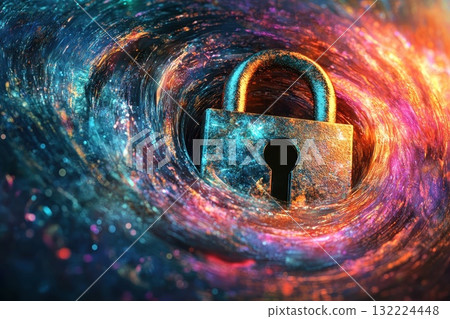 Cosmic Lock Concept with Padlock Surrounded by Colorful Galactic Background in Space Cosmic Lock Concept with Padlock Surrounded by Colorful Galactic Background in Space 132224448