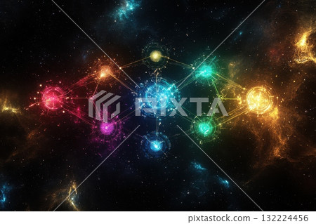 Colorful Abstract Cosmic Network in Space with Bright Celestial Bodies and Starlit Background Colorful Abstract Cosmic Network in Space with Bright Celestial Bodies and Starlit Background 132224456