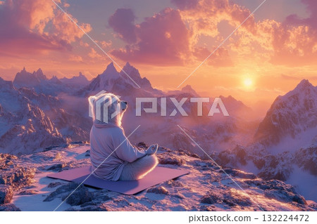 Peaceful Polar Bear in Relaxing Yoga Pose on Mountain Peak at Sunrise with Colorful Clouds 132224472