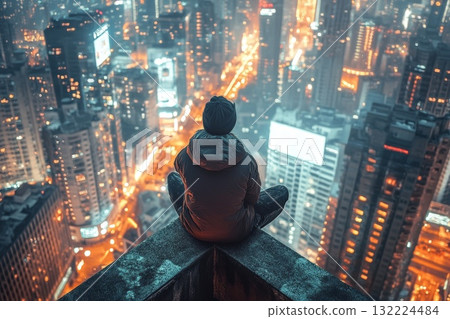 Rooftop View at Night Overlooking City Lights and Skyscrapers from a High Perspective Rooftop View at Night Overlooking City Lights and Skyscrapers from a High Perspective 132224484