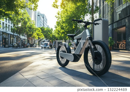 Modern Electric Bicycle Parked on Urban Street Amidst Green Trees and City Buildings Modern Electric Bicycle Parked on Urban Street Amidst Green Trees and City Buildings 132224489