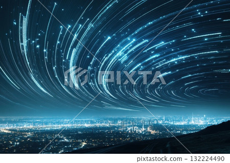 Night Sky with Star Trails Over a Cityscape with Modern Buildings and Bright Lights 132224490
