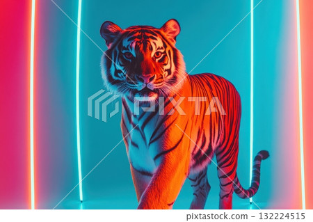 Vibrant Tiger Displaying Striking Colors in Artistic Neon Light Environment Vibrant Tiger Displaying Striking Colors in Artistic Neon Light Environment 132224515