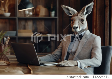 Confident Humanoid Kangaroo in a Crisp Gray Suit Working on a Laptop in an Office Setting Confident Humanoid Kangaroo in a Crisp Gray Suit Working on a Laptop in an Office Setting 132224519