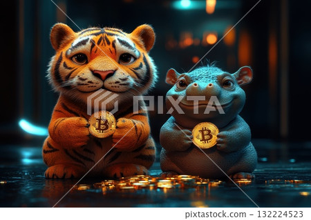 Cute tiger and hippo characters holding Bitcoin coins in a colorful digital background 132224523