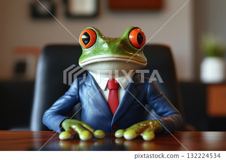Humanoid Frog in Sleek Blue Suit with Red Tie Sitting at a Desk Humanoid Frog in Sleek Blue Suit with Red Tie Sitting at a Desk 132224534