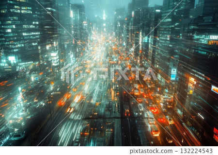 A Bustling City Shrouded in Smog with Blurring Lights and Vibrant Colors A Bustling City Shrouded in Smog with Blurring Lights and Vibrant Colors 132224543