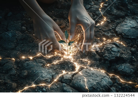 Hands Gently Planting a Young Sapling in Ground with Radiant Energy Sparks at Night 132224544