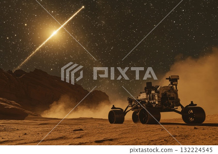 Glowing Meteor Shower Illuminates Martian Landscape with Rover Under Starry Sky 132224545