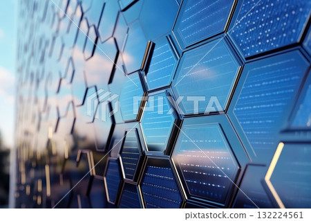 Close-Up View of Hexagonal Solar Panels in Blue Tone with Reflections and Modern Design Elements 132224561