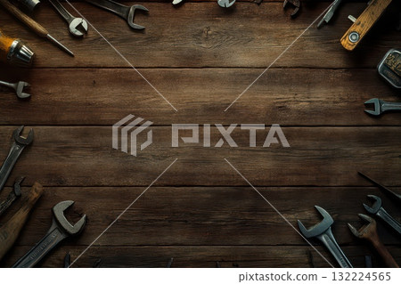 Tools and Wrenches on Wooden Table Surface with Empty Space for Text or Design Elements 132224565