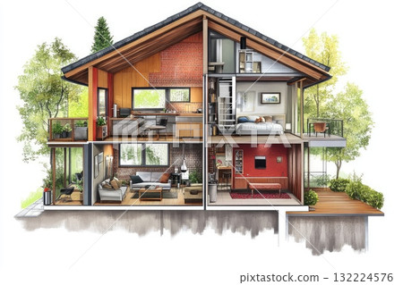 A house with a lot of rooms and a lot of windows 132224576