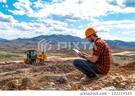 A man in a hard hat is sitting on the ground looking at a tablet 132224583