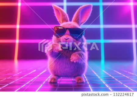 Cool Rabbit Wearing Sunglasses in Neon Lights with Colorful Background and Playful Attitude Cool Rabbit Wearing Sunglasses in Neon Lights with Colorful Background and Playful Attitude 132224617