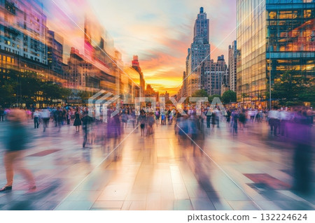 Vibrant City Sunset with Busy Pedestrians in Motion Blur in Modern Urban Landscape 132224624