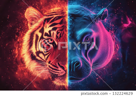 Vibrant Split Portrait of a Tiger and a Bear with Dramatic Color Contrast and Artistic Effects 132224629