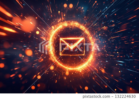 Envelop Icon in Fiery Burst of Colorful Particles and Light Effects with Motion Blur 132224630