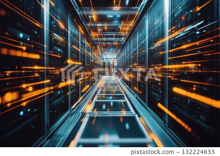 Dynamic Motion Blur in Data Center Corridor With Bright Lines of Light and High-Tech Aesthetics Dynamic Motion Blur in Data Center Corridor With Bright Lines of Light and High-Tech Aesthetics 132224633