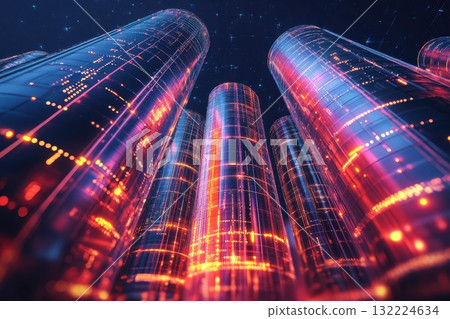 Abstract Futuristic Technology Background with Colorful Data Streams and Cylindrical Structures 132224634