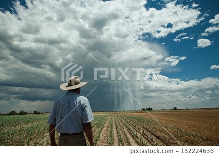 Man in Hat Observing Rain and Clouds Over Agricultural Field Under Dramatic Sky 132224636