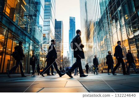 Busy Urban Street Scene with Professionals Walking in Modern Cityscape During Golden Hour Busy Urban Street Scene with Professionals Walking in Modern Cityscape During Golden Hour 132224640