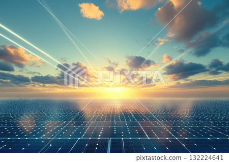 Stunning Solar Panels Reflecting Vibrant Sunrise Over Calm Ocean with Dramatic Cloud Patterns Stunning Solar Panels Reflecting Vibrant Sunrise Over Calm Ocean with Dramatic Cloud Patterns 132224641