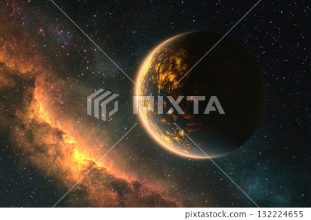 Cosmic Landscape of Distant Planet Surrounded by Colorful Nebula and Stars in Deep Space 132224655