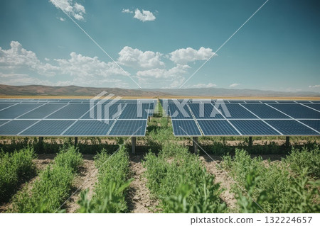 Solar Panels in Agricultural Field Under Bright Sky with Clouds and Mountain Landscape Solar Panels in Agricultural Field Under Bright Sky with Clouds and Mountain Landscape 132224657