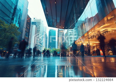 Urban reflections of cityscape with pedestrians walking in modern glass buildings at dusk Urban reflections of cityscape with pedestrians walking in modern glass buildings at dusk 132224664
