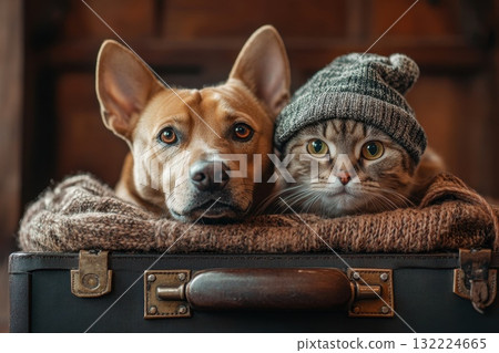 Adorable Dog and Cat Together in Cozy Knit Hat and Sweater on Rustic Wooden Background Adorable Dog and Cat Together in Cozy Knit Hat and Sweater on Rustic Wooden Background 132224665