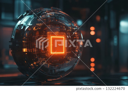 Futuristic glowing spherical object with intricate design elements in a high-tech environment Futuristic glowing spherical object with intricate design elements in a high-tech environment 132224670