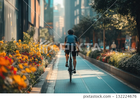 Cyclist Riding Through Urban Pathway Surrounded by Colorful Flowers in City Landscape Cyclist Riding Through Urban Pathway Surrounded by Colorful Flowers in City Landscape 132224676