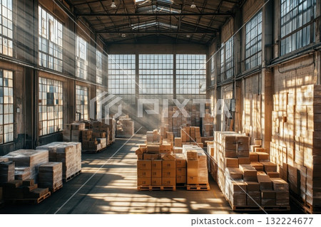 Bright Sunlight Streaming Through Windows in a Spacious Warehouse with Stacked Cardboard Boxes Bright Sunlight Streaming Through Windows in a Spacious Warehouse with Stacked Cardboard Boxes 132224677
