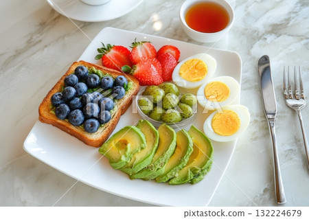 Fresh and Healthy Breakfast Platter with Avocado, Eggs, Berries, and Green Olives Fresh and Healthy Breakfast Platter with Avocado, Eggs, Berries, and Green Olives 132224679