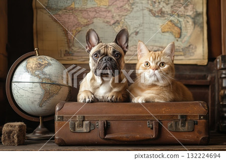 Cute French Bulldog and Ginger Cat Posing Together on Old Suitcase with Vintage Map Background Cute French Bulldog and Ginger Cat Posing Together on Old Suitcase with Vintage Map Background 132224694