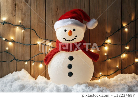 Charming Snowman in Winter Decor with Christmas Lights and Snowy Background Charming Snowman in Winter Decor with Christmas Lights and Snowy Background 132224697