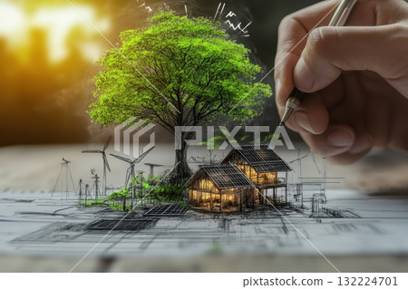 Creative Concept of Sustainable Architecture with Eco-Friendly Elements and Nature Integration 132224701