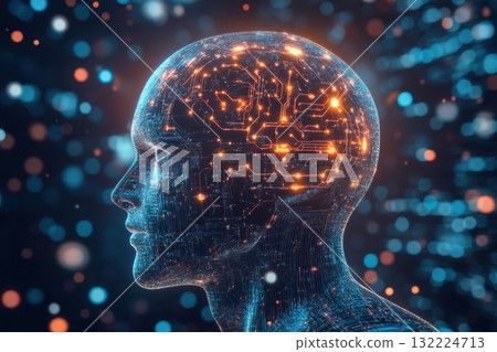 Futuristic Human Head with Digital Brain Interface and Circuit Patterns Illuminated Futuristic Human Head with Digital Brain Interface and Circuit Patterns Illuminated 132224713