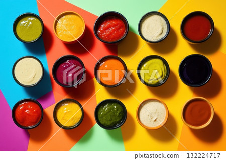 Colorful Array of Dipping Sauces in Bowls on Vibrant Geometric Background Colorful Array of Dipping Sauces in Bowls on Vibrant Geometric Background 132224717