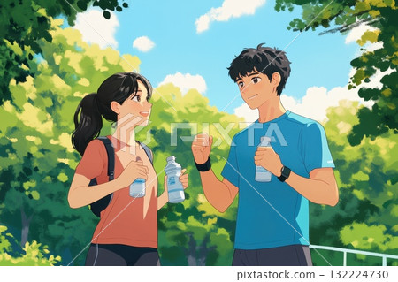 Two Young Athletes Enjoying Hydration After Jogging in a Scenic Green Park Two Young Athletes Enjoying Hydration After Jogging in a Scenic Green Park 132224730