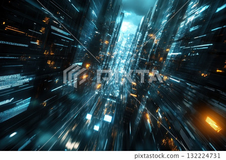 Futuristic Cityscape with Bright Lights and Motion Blur in a Cyberpunk Environment Futuristic Cityscape with Bright Lights and Motion Blur in a Cyberpunk Environment 132224731