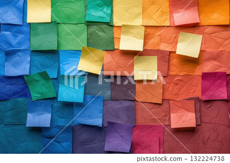 Colorful textured sticky notes arranged in a vibrant rainbow pattern on a wall backdrop Colorful textured sticky notes arranged in a vibrant rainbow pattern on a wall backdrop 132224738