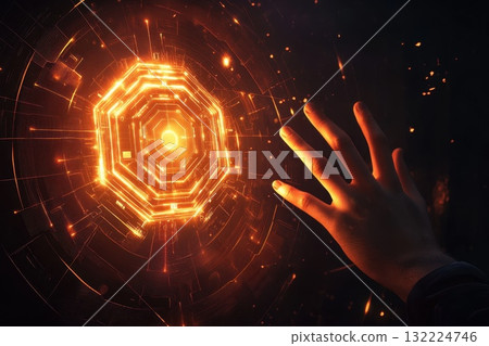 Glowing Hexagonal Interface with Human Hand Reaching for Digital Connection Concept 132224746